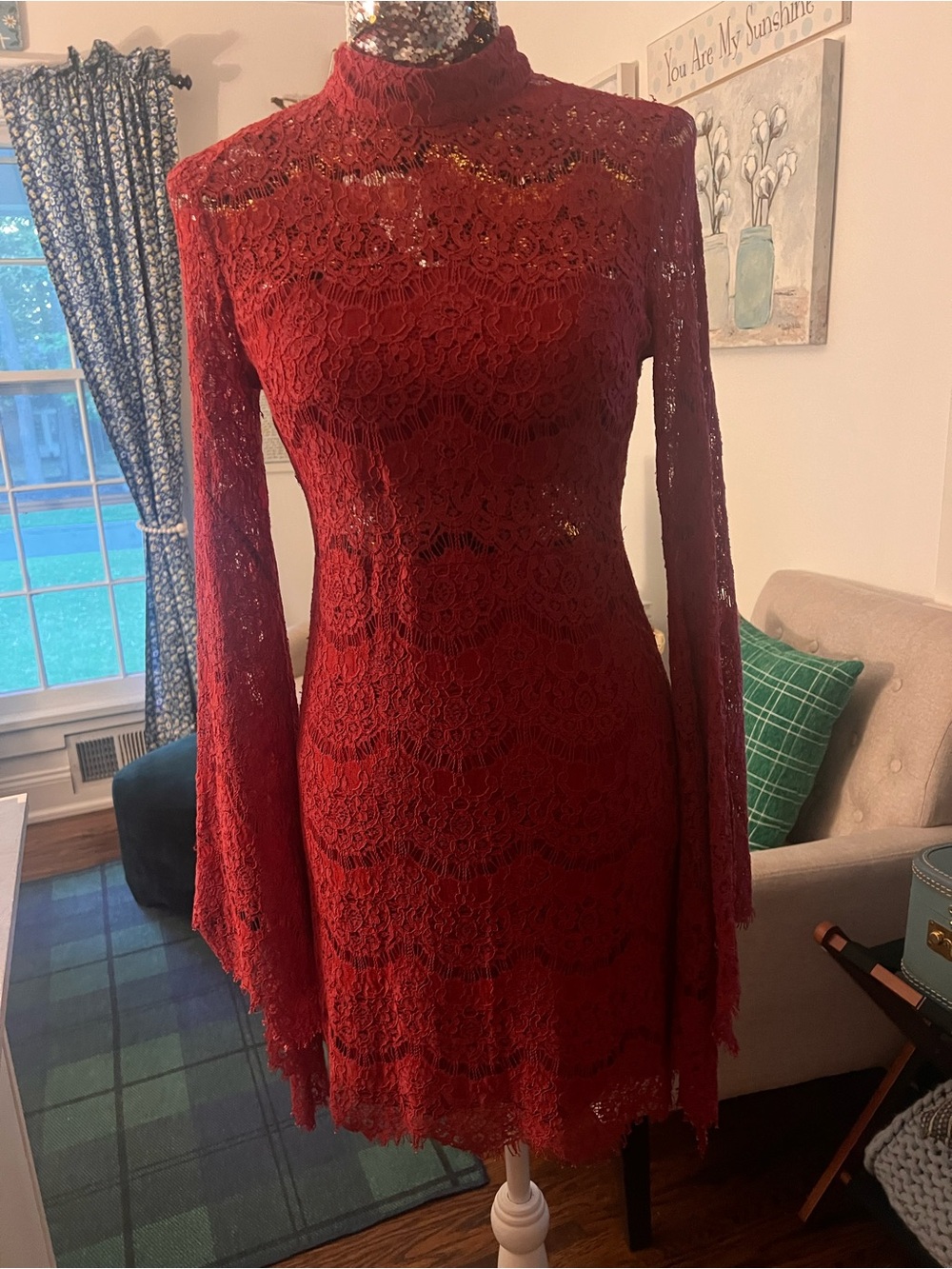 Lulu's Burgundy Lace High-Neck Mini Dress